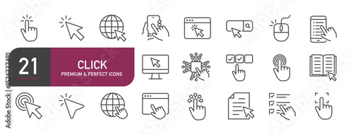 Set of line icons related to click, cursor. Outline icons collection. Editable stroke. Vector illustration