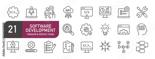 Set of line icons related to software development, programming, coding. Outline icons collection. Editable stroke. Vector illustration