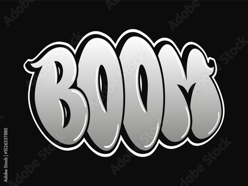 Silver graffiti lettering spelling the word Boom representing an explosion sound effect, with a bold, impactful style