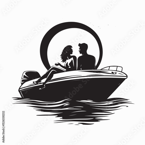 Love Couple Lying in a Boat on Lake Silhouette vector on white background.