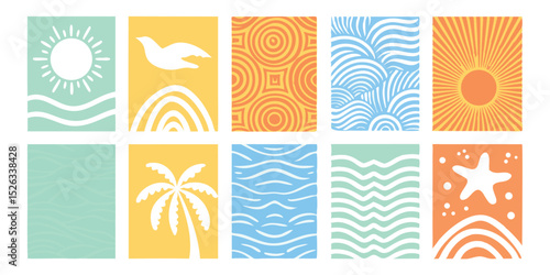Decorative collection of stylized beach themed illustrations perfect for summer designs and vacation concepts.