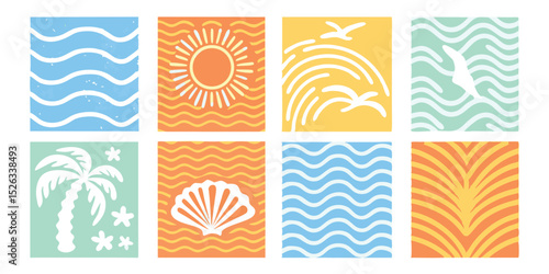 Colorful summer themed pattern set featuring waves palm tree shell and other beach related elements in unique designs