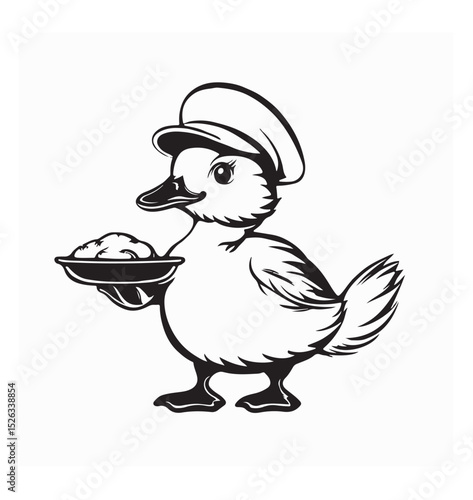 Cute Duck chef holding food Image Vector Isolated on white Background.