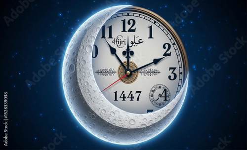 Clock with Islamic New Year 1447 and Crescent Moon | Time for Reflection, Islamic Holiday Celebration, Religious Event, Greeting Card Design, Ramadan or Eid Mubarak Background