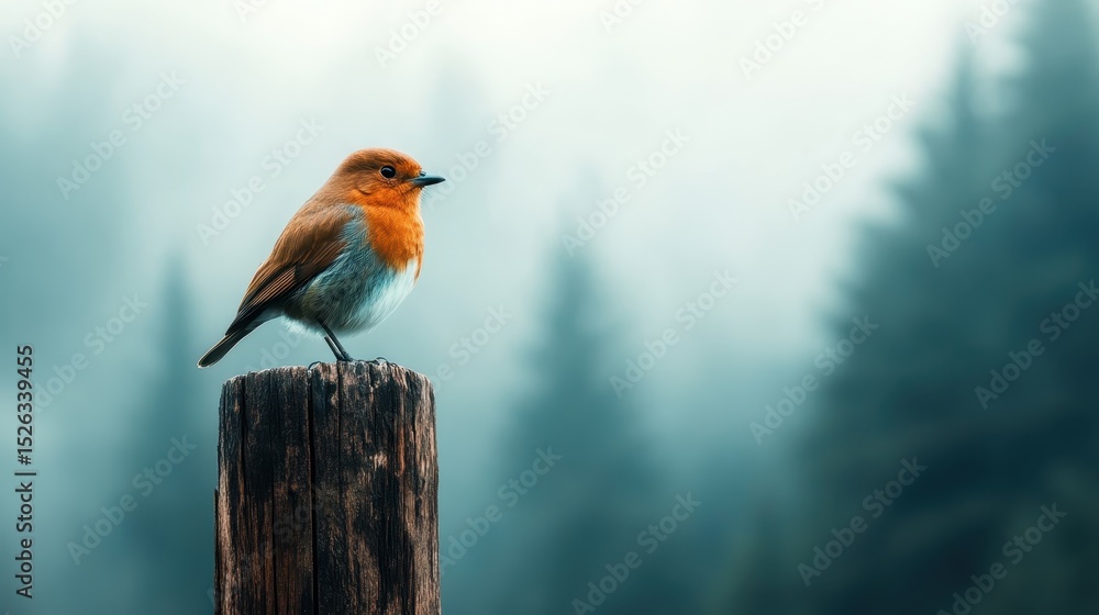 Fototapeta premium A charming bird with vibrant orange feathers stands on a wooden post amidst a misty forest backdrop, embodying nature's beauty and the joy of wildlife observation.