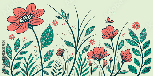 Seamless smoothly  red Flower , pattern and wallpaper design for decorations over a green background  vector illustration
