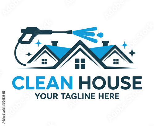 Modern House Cleaning Logo Design Featuring a Pressure Washer and Sparkling Stars for a Residential Cleaning Company Brand Identity