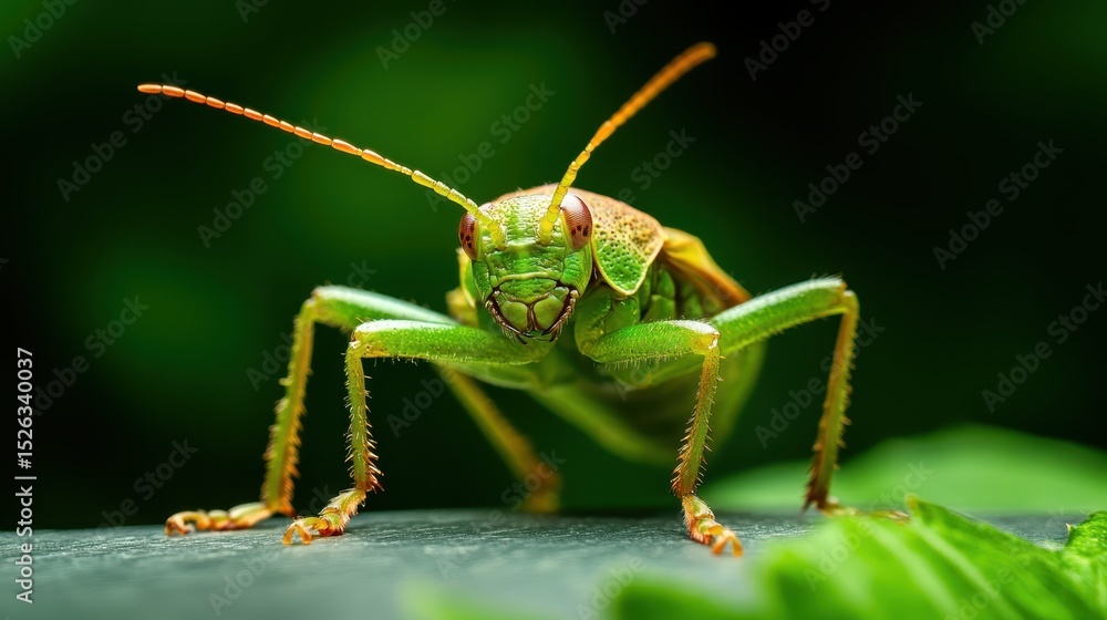 Fototapeta premium A striking close-up of a grasshopper showcases its vibrant green colors and detailed features, allowing for appreciation of nature's intricacies and beauty.