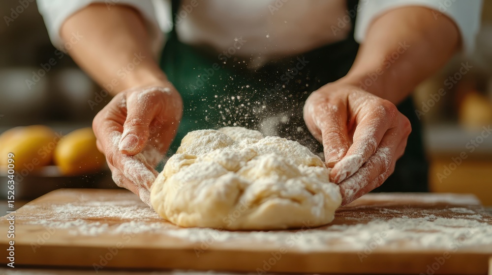 Hands skillfully kneading dough on a floured surface, showcasing the tactile and creative aspects of artisan baking that connect the chef to the process and the beloved tradition of bread-making. Hands skillfully kneading dough on a floured surface, showcasing the tactile and creative aspects of artisan baking that connect the chef to the process and the beloved tradition of bread-making.