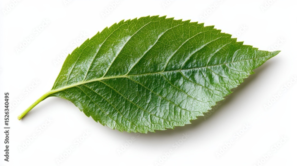Obraz premium A fresh and vibrant green leaf with intricate textures, symbolizing growth, vitality, and the essence of nature, set against a pure white background highlighting its beauty.