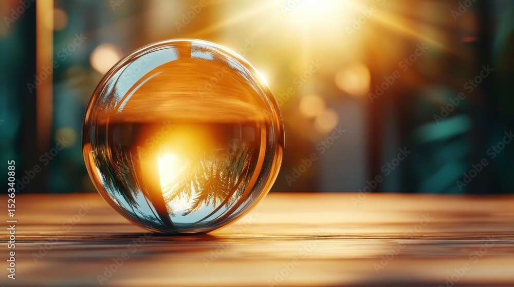 This artistic glass sphere captures and reflects the beauty of nature, with mesmerizing sunlight and palm trees, blending elements of reality and illusion in a captivating way. This artistic glass sphere captures and reflects the beauty of nature, with mesmerizing sunlight and palm trees, blending elements of reality and illusion in a captivating way.
