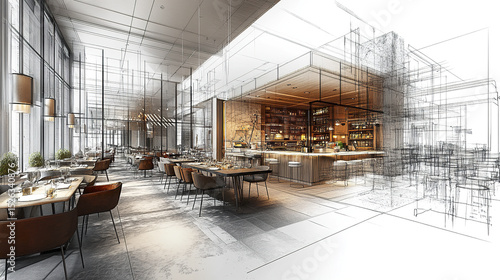 Fototapeta Naklejka Na Ścianę i Meble -  modern dining interior design featuring blend of sketch and realistic elements, creating unique