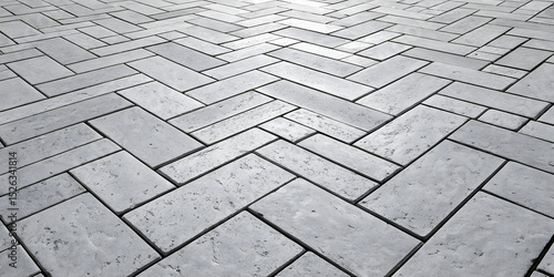 Gray concrete paver stones arranged in herringbone pattern creating geometric ground surface with natural weathered texture appearance.