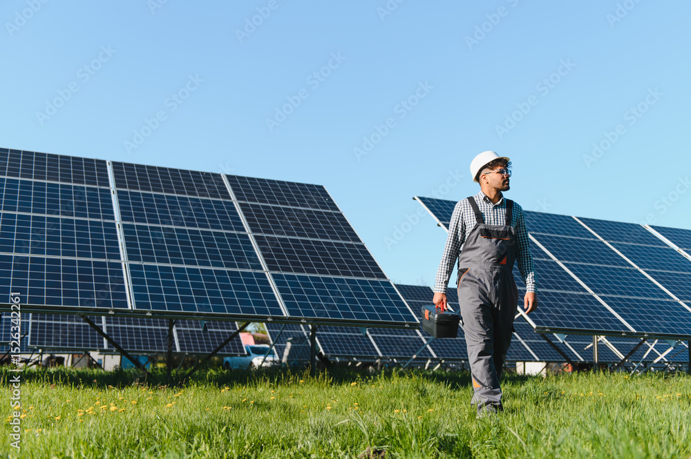 Fototapeta premium Engineer walking in solar panel farm carrying toolbox on sunny day