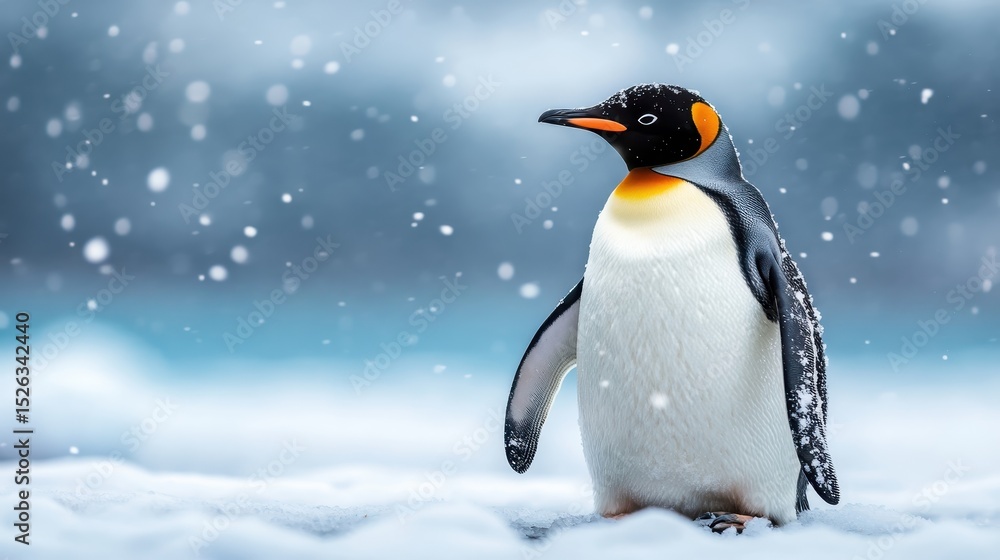 Obraz premium An enchanting close-up of a penguin standing amidst a snow-filled environment, showcasing the beauty of winter wildlife in a serene and tranquil setting.