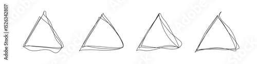 Set of contour triangle shape frames with scrawl loops and scribbles on white bg. Carelessly drawn rectangles. Handwritten elements. Outline graphic signs. Vector illustration
