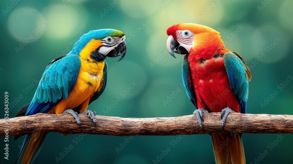 Fototapeta premium Two vibrant macaws with striking feathers are perched on a branch, showcasing their beauty and the rich colors of nature, an emblem of wildlife's splendor.