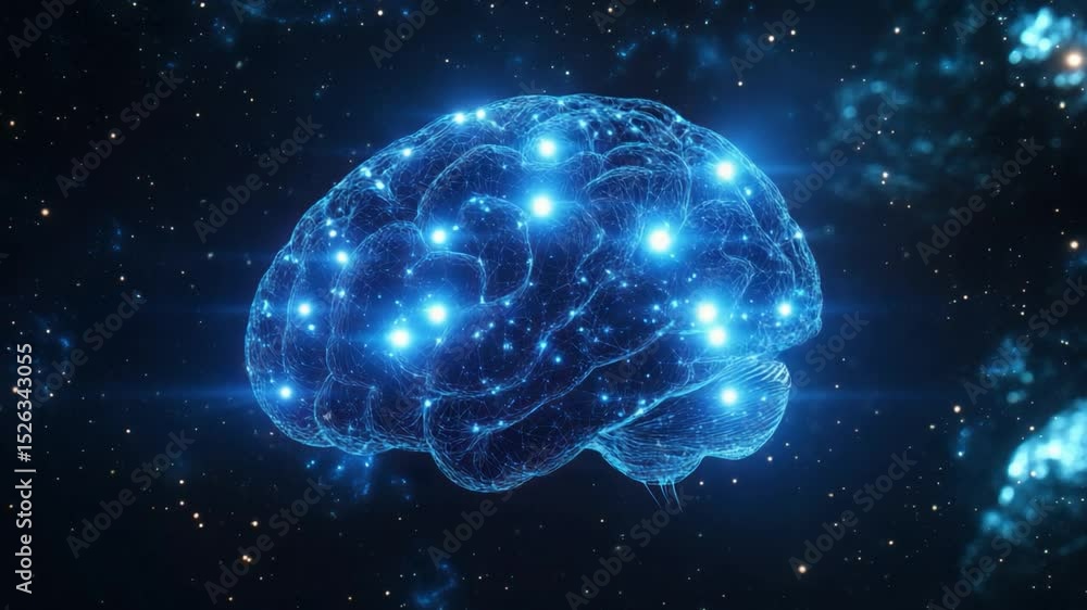 Intricate Web of Intellect: A luminous and detailed visualization of a human brain, adorned with sparkling nodes and interconnected pathways, is immersed in a dark expanse of cosmic elegance. Intricate Web of Intellect: A luminous and detailed visualization of a human brain, adorned with sparkling nodes and interconnected pathways, is immersed in a dark expanse of cosmic elegance.