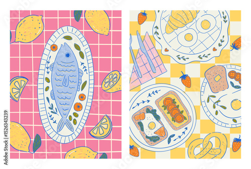 Set of hand drawn whimsical posters with abstract food. La dolce vita contemporary dinner prints. Fish on plate, croissant, sandwich on colorful backgrounds. Slow living concept. Vector design