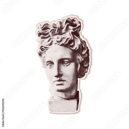 Trendy halftone collage of statue of Apollo's head cut out an of old newspaper. Isolated vector illustration grayscale retro sticker with Dots texture. Vintage Pop art aesthetic, y2k vibe nostalgic