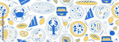Seamless vector banner with hand drawn whimsical illustrations of italian food and drinks. Lobster, crab, pizza, lemons, tomatoes, pasta on background. La dolce vita dinner party pattern