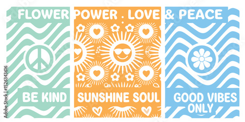 Colorful retro design featuring flower power sunshine soul good vibes and peace signs for positive energy and hippie aesthetics
