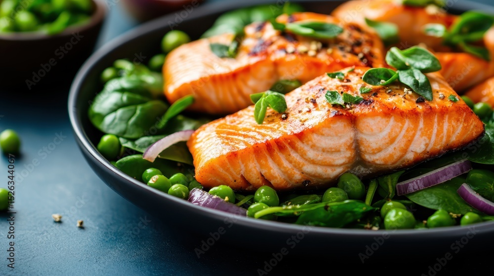 A mouth-watering plate features grilled salmon, perfectly seared and presented atop a bed of fresh spinach and peas, celebrating healthy eating and culinary artistry. A mouth-watering plate features grilled salmon, perfectly seared and presented atop a bed of fresh spinach and peas, celebrating healthy eating and culinary artistry.