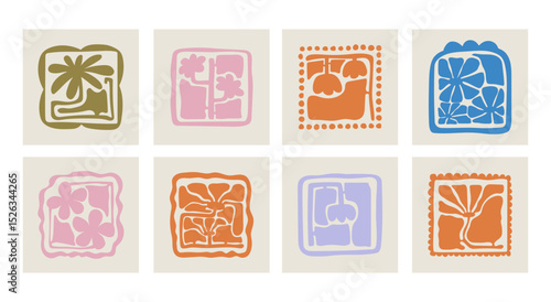 Matisse curves aestethic. Groovy abstract flower art set. Organic floral doodle shapes in trendy naive retro hippie 60s 70s style. Botanic vector illustration in pink, yellow, green colors.