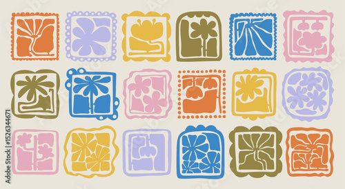 Matisse curves aestethic. Groovy abstract flower art set. Organic floral doodle shapes in trendy naive retro hippie 60s 70s style. Botanic vector illustration in pink, yellow, green colors.