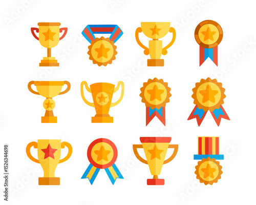 Set of gold trophy and medal icons representing winning, victory, championship, and achievement