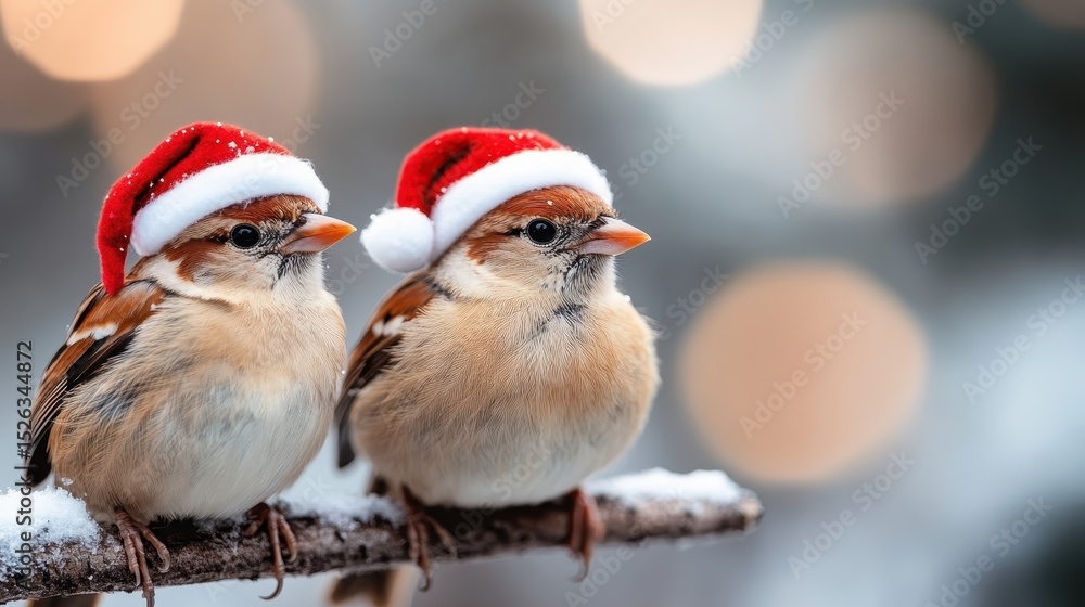 Two cheerful sparrows wear festive red Christmas hats while perched on a branch, surrounded by a magical snowy backdrop, bringing warmth and joy of the holiday season. Two cheerful sparrows wear festive red Christmas hats while perched on a branch, surrounded by a magical snowy backdrop, bringing warmth and joy of the holiday season.