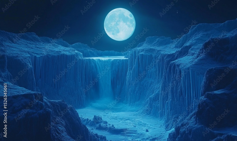 Fototapeta premium dramatic canyon where explorers discover glowing crystals embedded in the cliff walls under the light of a rising moon, Generative AI