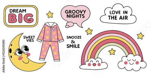 Cute illustration of dream big sweet dreams groovy nights love and rainbows decorative elements for sleep