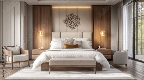 A stylish, modern bedroom featuring a luxury platform bed with plush white bedding and a decorative headboard, surrounded by contemporary furniture