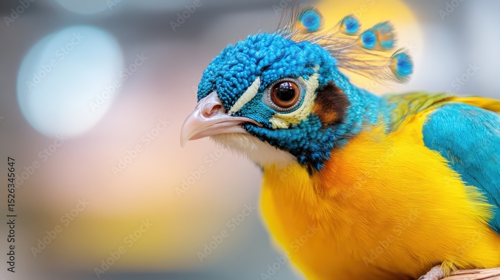 Obraz premium A stunning close-up of an exotic bird showcasing its vibrant blue and yellow feathers, reflecting the beauty of nature and the allure of wildlife in a blurred background.