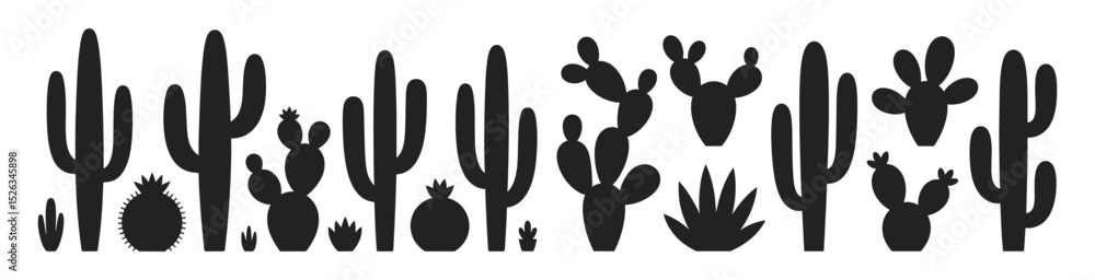 Fototapeta premium Collection of assorted cactus plant silhouettes including saguaro, prickly pear and agave, vector illustration. Desert-themed black icons showcasing various succulent shapes and botanical forms.