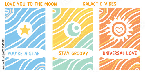 Cute and whimsical design featuring three panels with celestial and romantic themes of love and positivity in a playful style