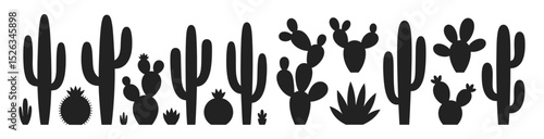 Collection of assorted cactus plant silhouettes including saguaro, prickly pear and agave, vector illustration. Desert-themed black icons showcasing various succulent shapes and botanical forms.