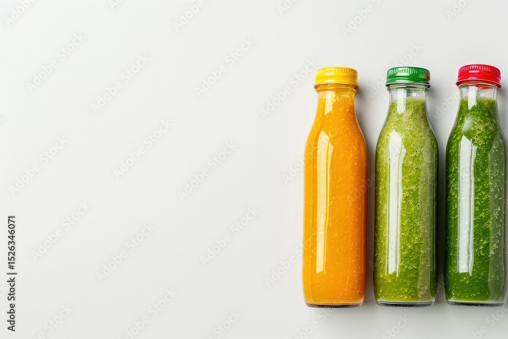 Green Yellow Orange and Red Smoothie in Glass Bottle on White Background Green Yellow Orange and Red Smoothie in Glass Bottle on White Background