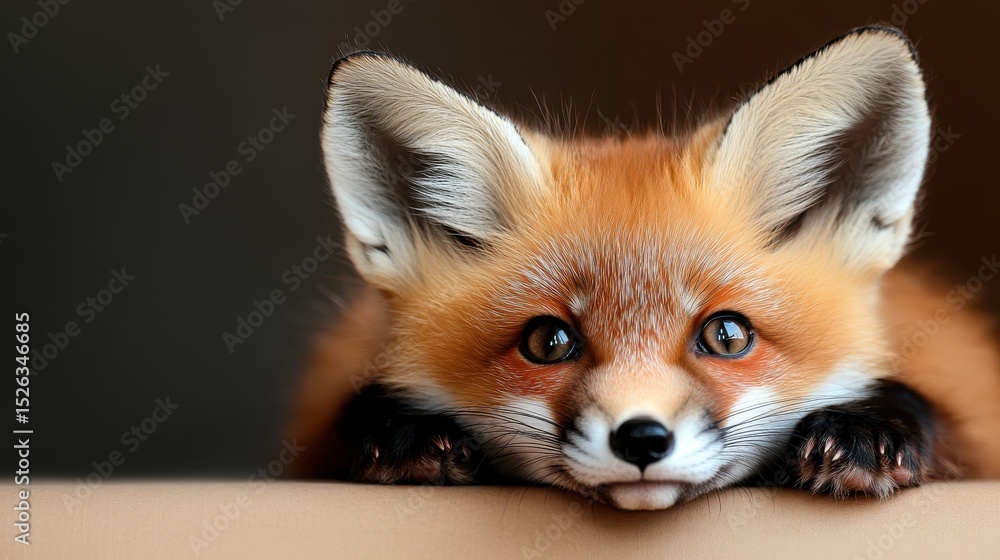 Obraz premium A charming red fox with strikingly large eyes peering curiously at the viewer, symbolizing innocence and the beauty of wildlife in a serene environment.