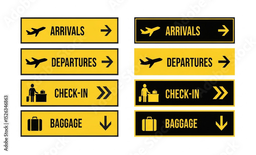 Airport Directional Signs Set in Black and Yellow | Arrivals, Departures, Check-In, and Baggage Guidance for Travel and Transportation Design