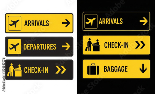 Airport Directional Signs: Arrivals, Departures, Check-In, Baggage | Yellow and Black Wayfinding Signage for Airport Navigation and Travel Information