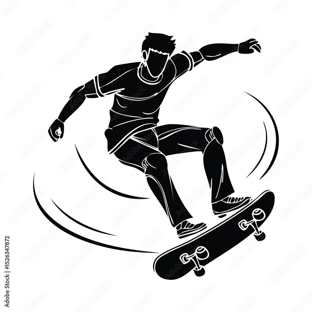 Fototapeta premium Black and white vector illustration of a skateboarder performing a mid-air trick