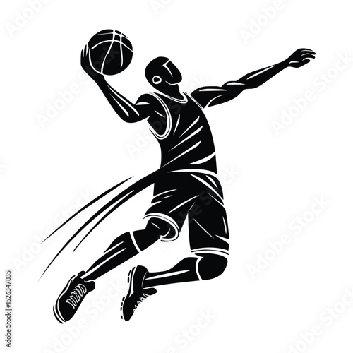 Black and white vector illustration of a basketball player dunking the ball