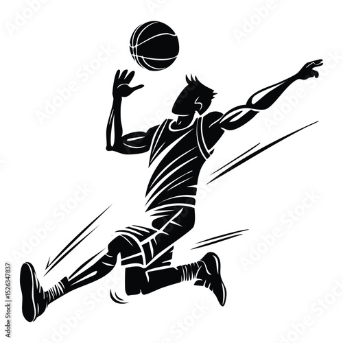 Black and white vector illustration of a basketball player dunking the ball into the hoop