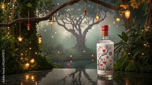 Enchanted Forest Still Life: A beautifully designed glass bottle, showcasing an elegant floral design, is presented within an ethereal, fantastical forest scene.
