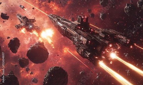 dramatic outer space battle where starships exchange laser fire amidst a field of asteroids, Generative AI