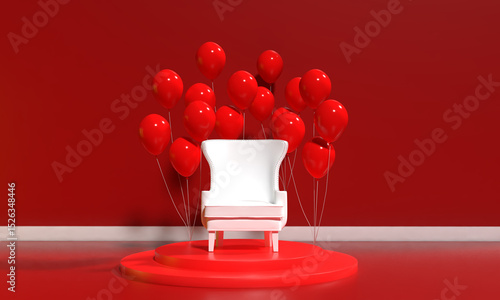 Sale chair white color gift balloon red pink orange color happy new year merry christmas xmas 2025 2026 year shopping sale product advertisement marketing happy birthday gift winner award stage seat