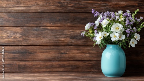 Wallpaper Mural A stunning bouquet of white and purple flowers in a turquoise vase, set against a rustic wooden background, invoking feelings of tranquility and joy in an artistic arrangement. Torontodigital.ca