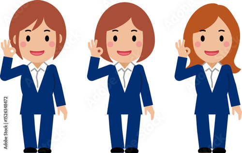 笑顔でOKサインを出す紺色スーツの若い女性